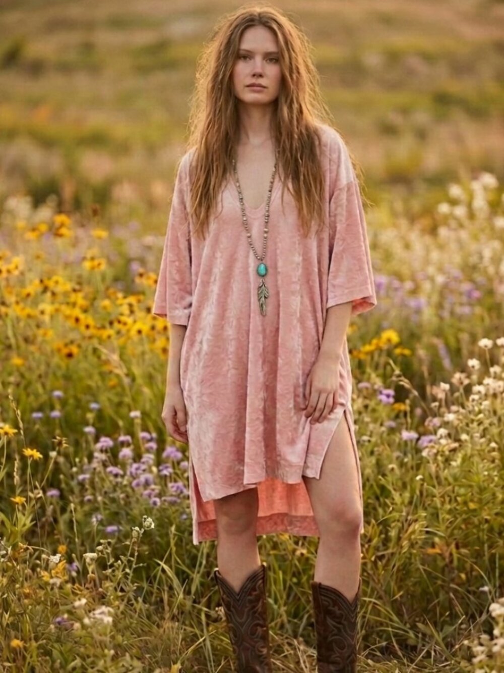 Free People The Luxe Crushed Velvet Pink Short Sleeve Hi Lo Tee Tunic Dress